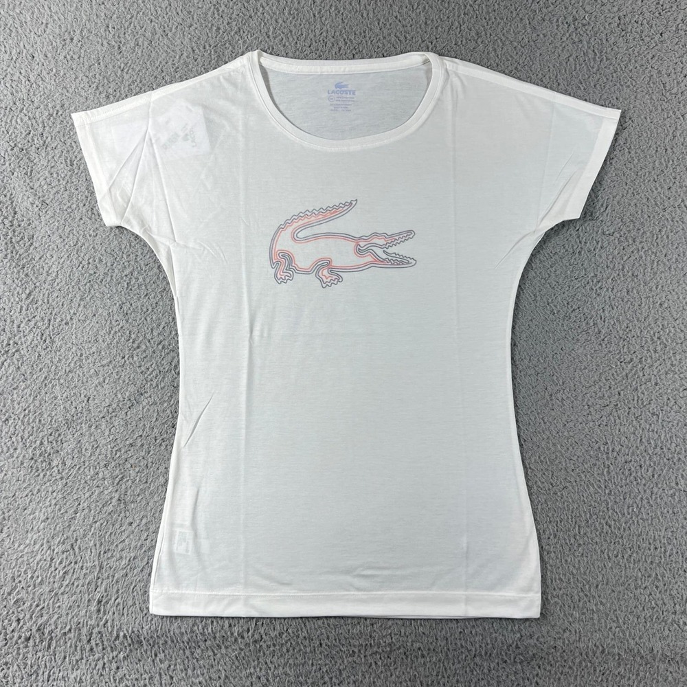 Lacoste Graphic T-Shirt Women US Size M (EU/6) White Pima Cotton Logo Tee NWT